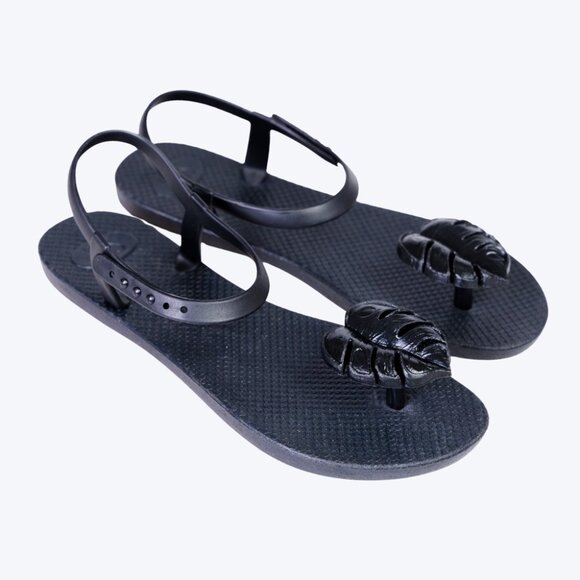 ZHOELALA – Sandals Comfort “TROPICAL LEAVES” • Charcoal Black - Picture 2 of 11